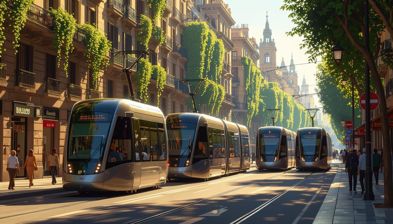 Barcelona Trams Between Green Buildings, Futuristic Style