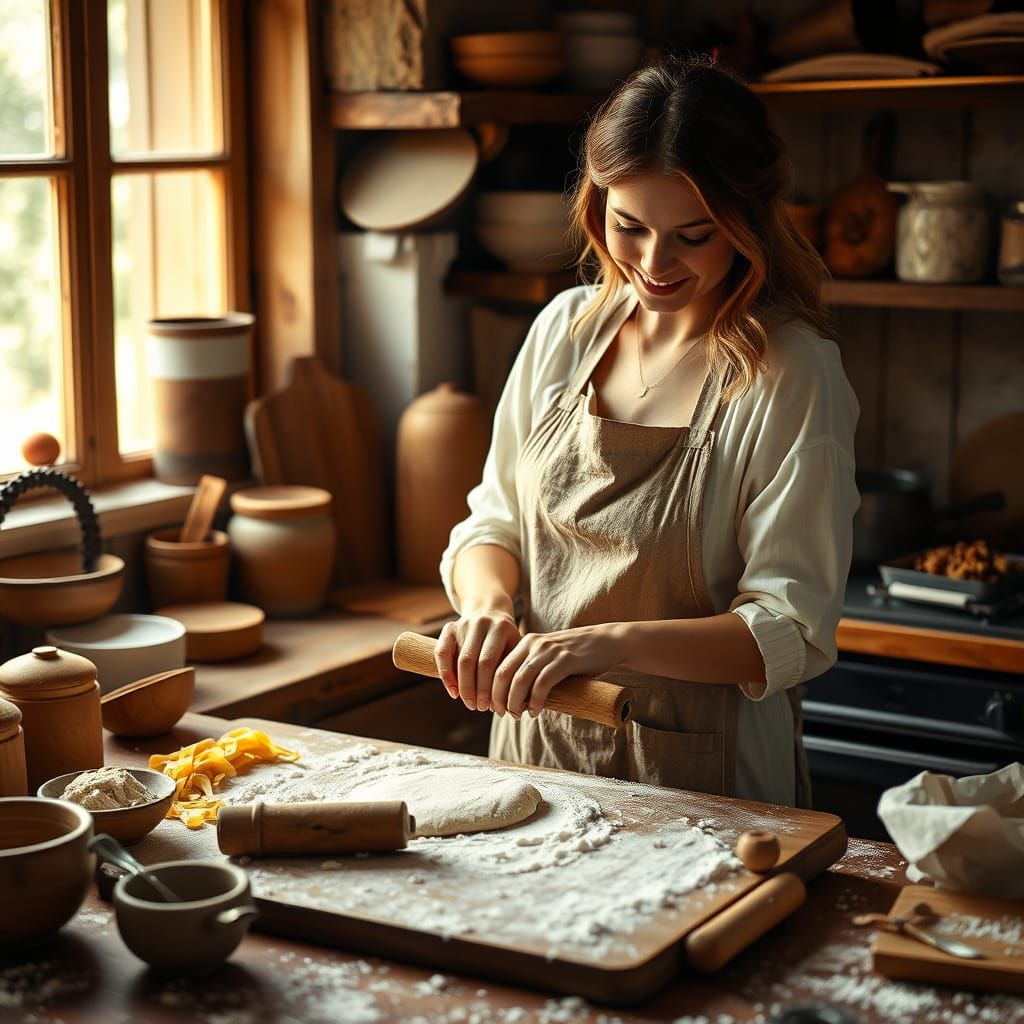Woman Making Pasta in Whimsical Kitchen Scene