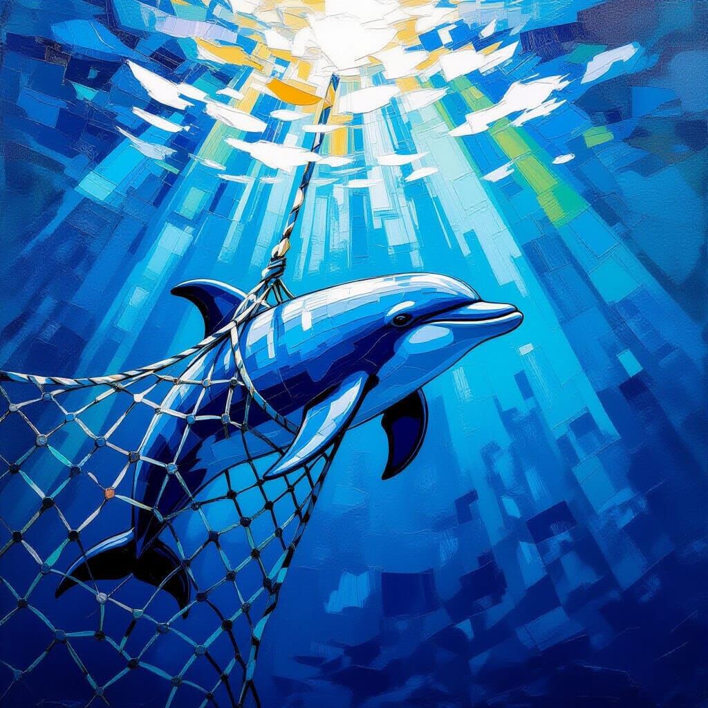 Struggling Dolphin Trapped in Net, Deep Blue Ocean