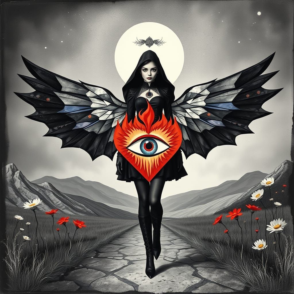 A monochromatic fever dream where Paul Klee's ghostly brushstrokes collide with a punk saint's sassy rebellion - Our Lad...