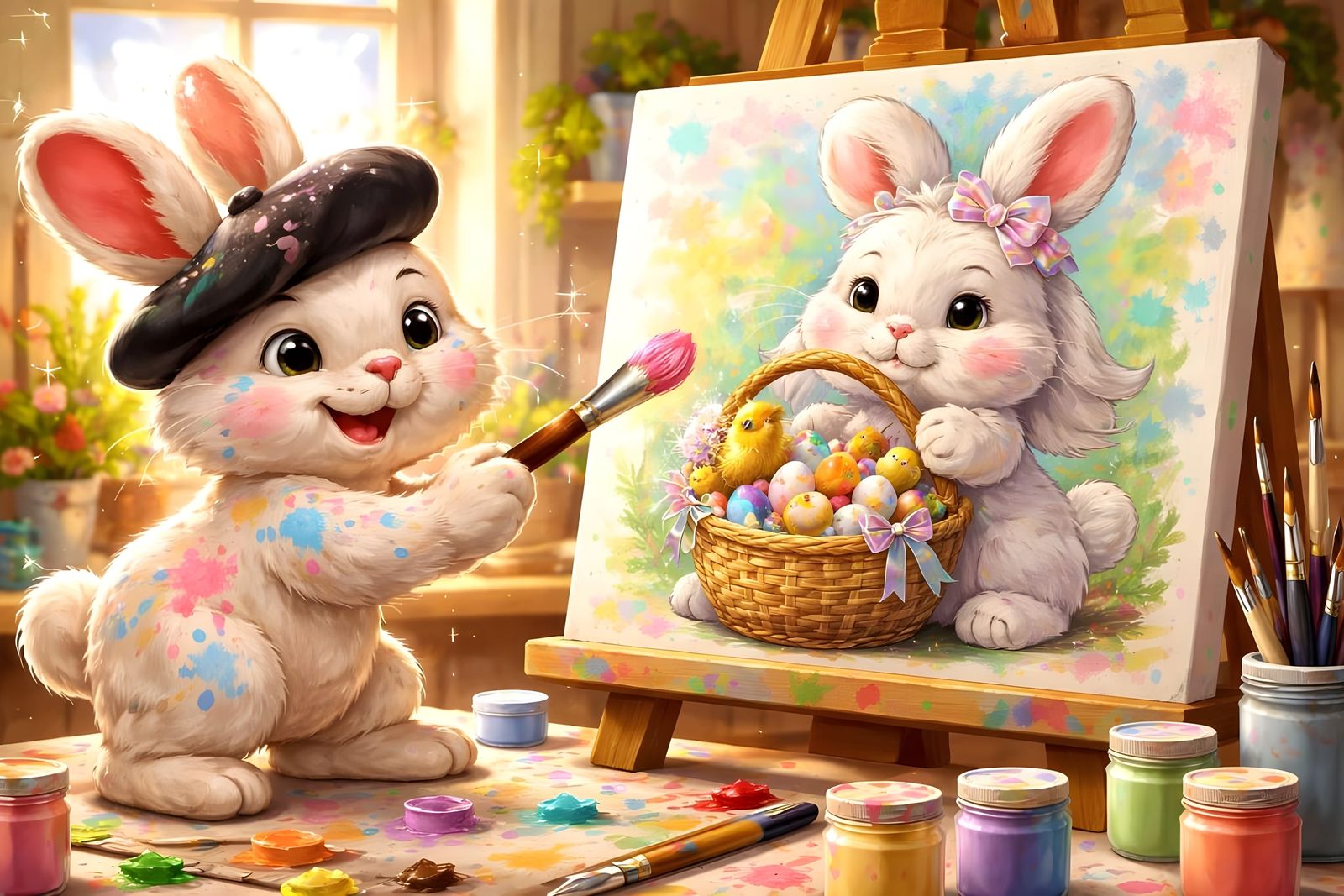 Easter Bunny Paints Masterpiece in Sun-Drenched Studio