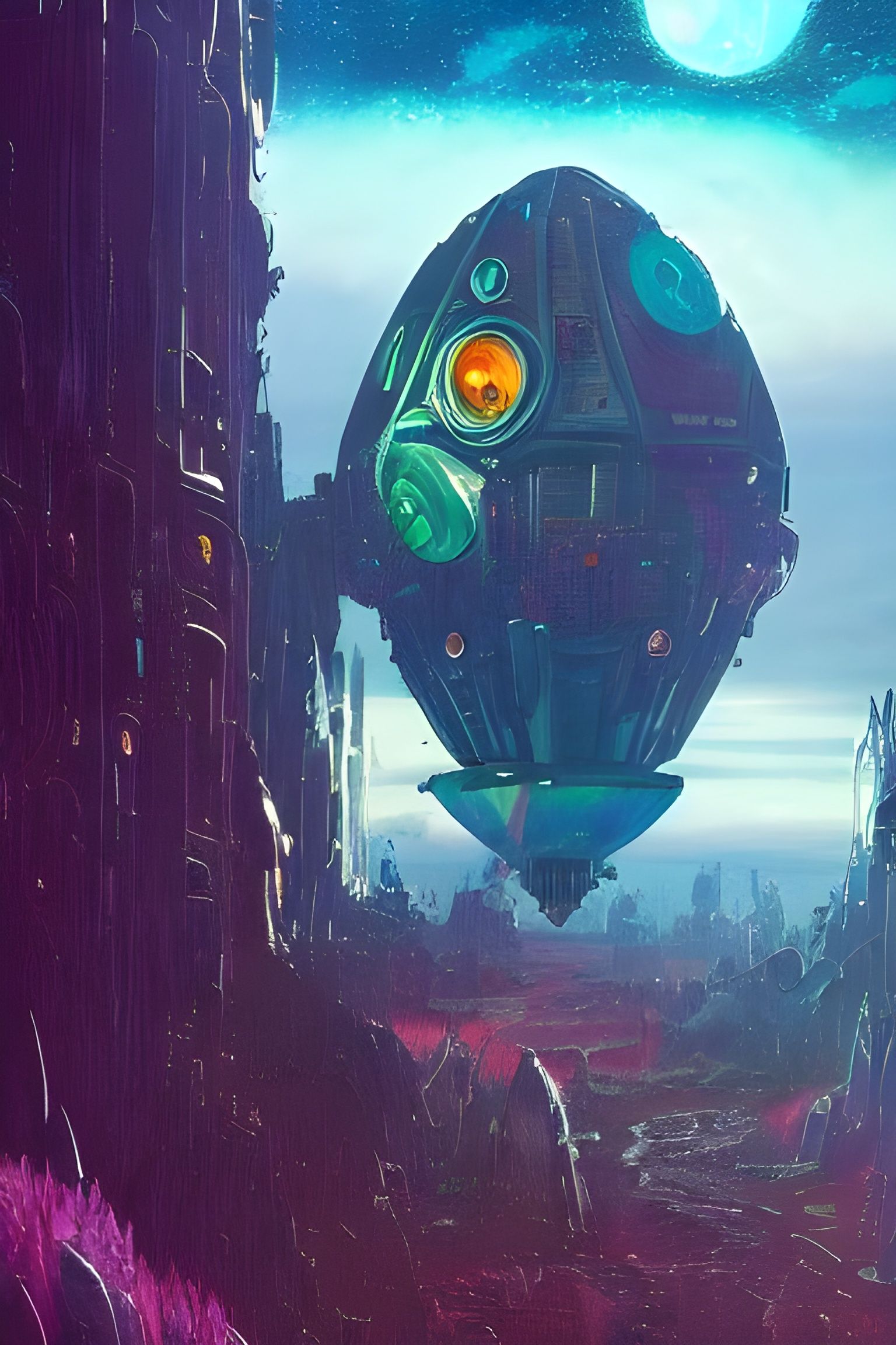 Gothic Punk Spaceship Draws Crystal: Detailed Art