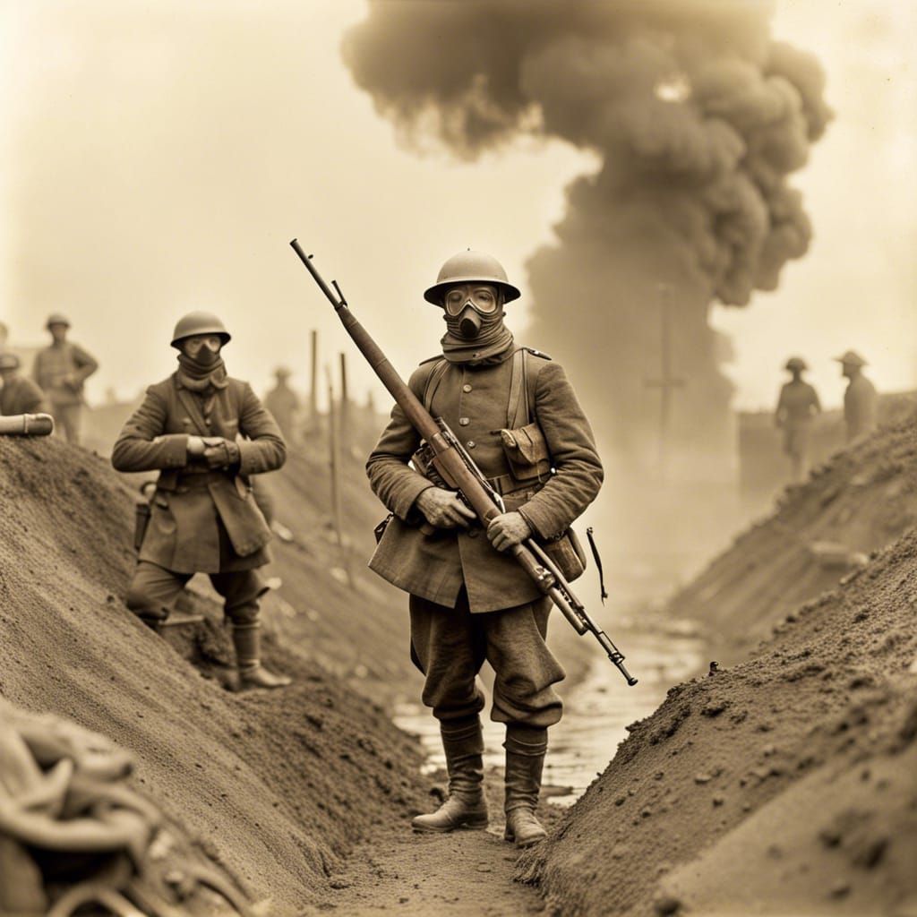 WW1 Soldier in Trench with Gas Mask Photograph