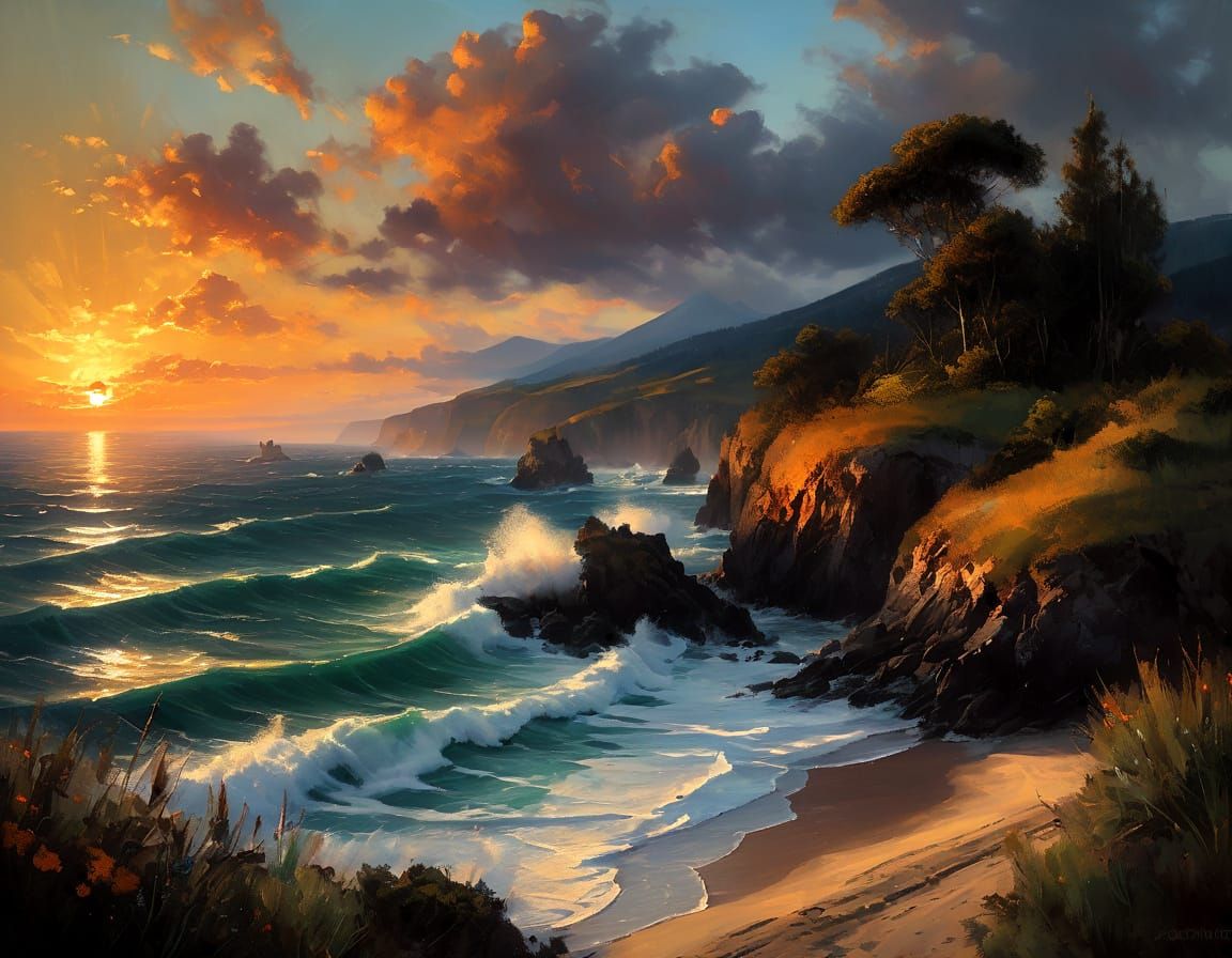 Summer Sunset on the Coastal Horizon in a Vibrant, Epic Land...