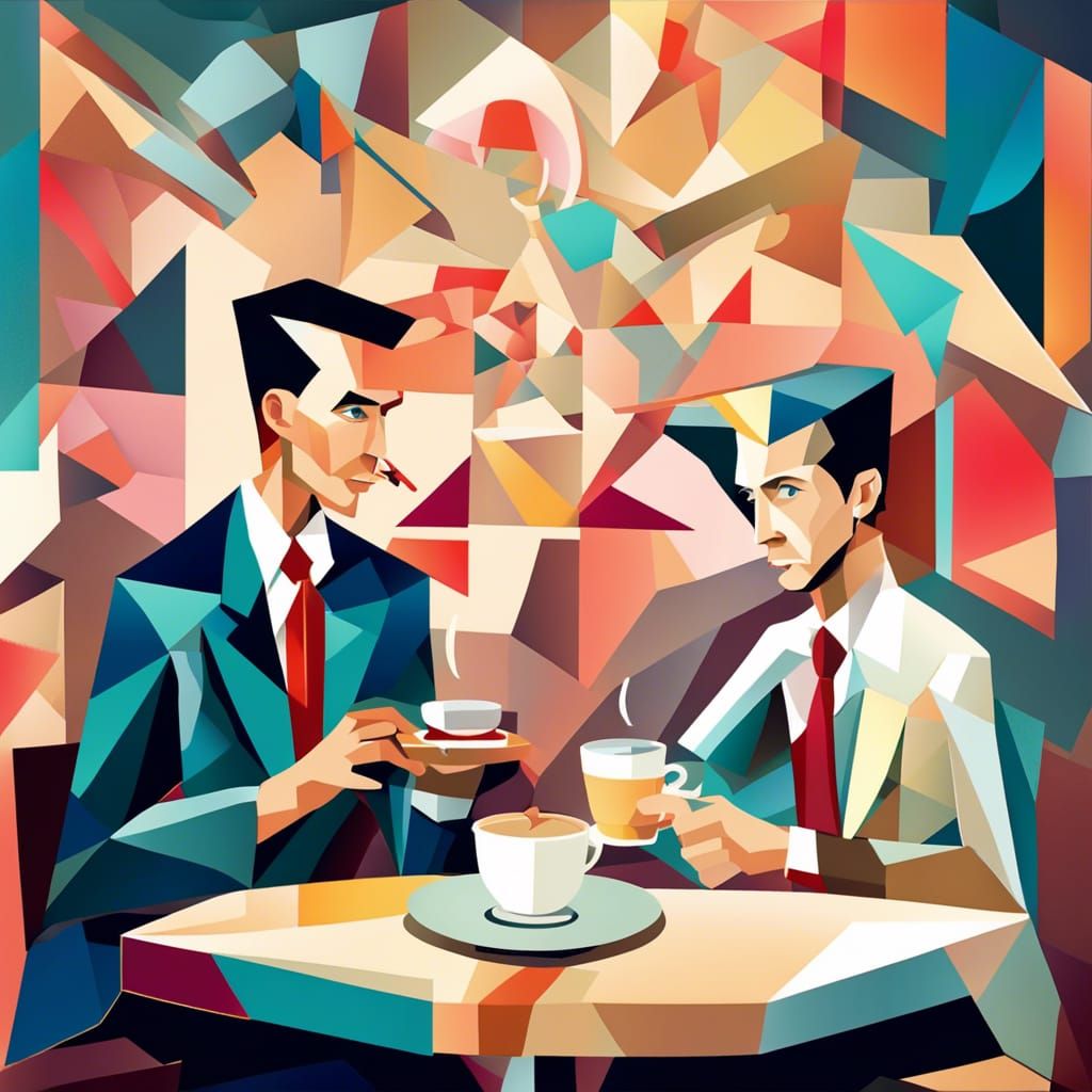 Tesla and Ziggy Stardust in Space Cafe: Cubist Painting