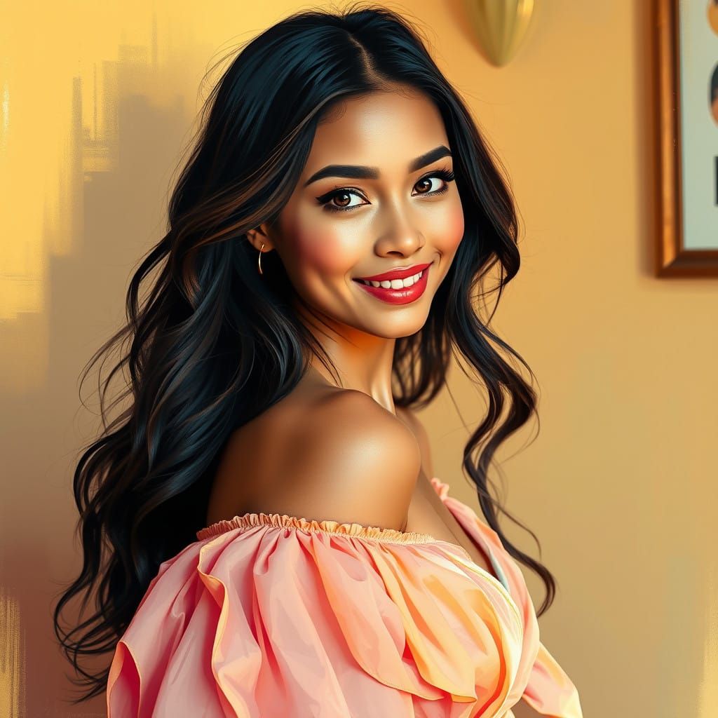 Elegant Lady in Pastel Dress, Radiating Warmth and Kindness