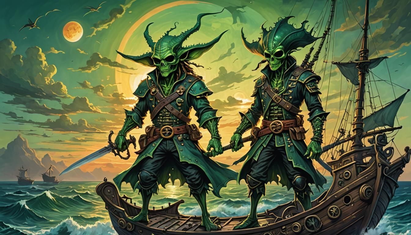 Alien Pirate Ship at Sunset in Green Abstract