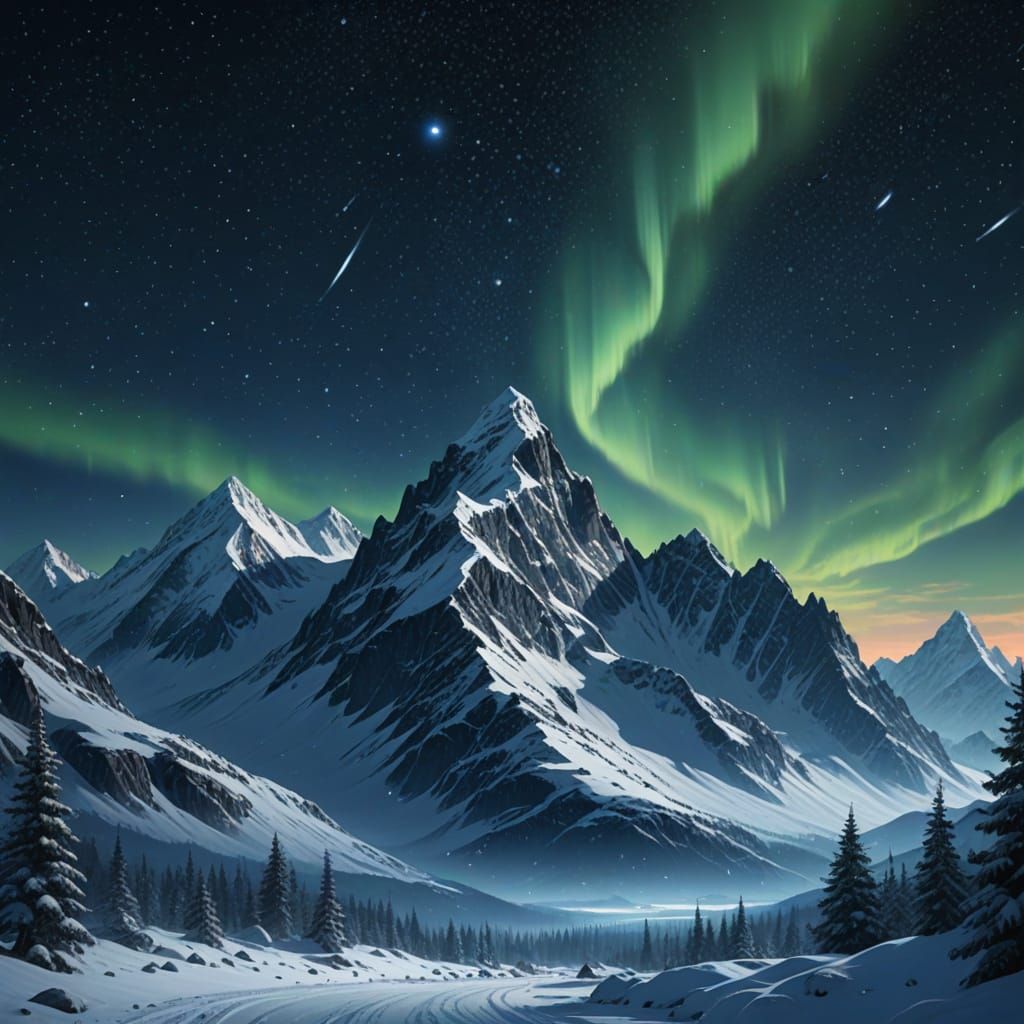 Winter Night Sky with Aurora Borealis and Mountains