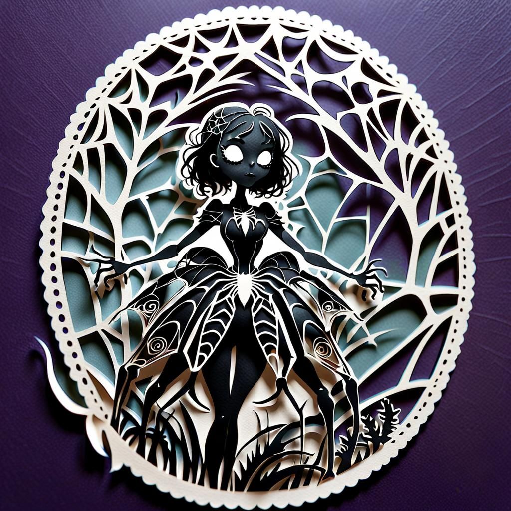 Romantic Spider Girl Silhouette in Paper Cut Style