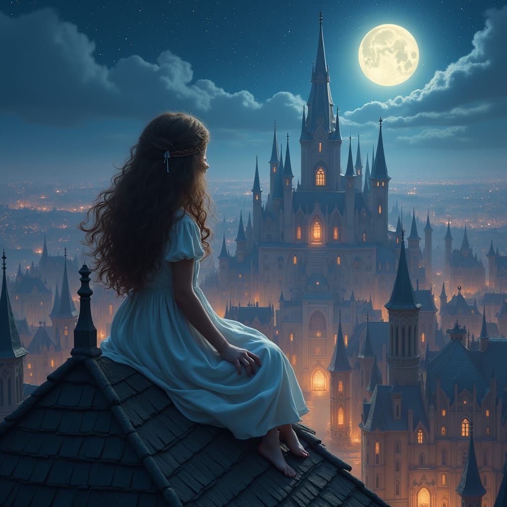 Girl Gazing at Moonlit Cityscape in Matte Painting Style