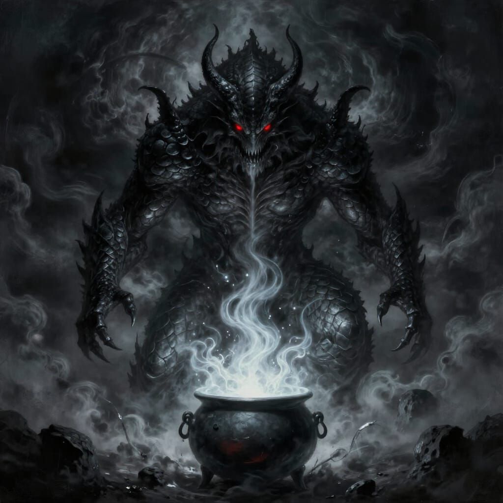 Colossal Dark Sorcerous Beast in Stormy Vortex
