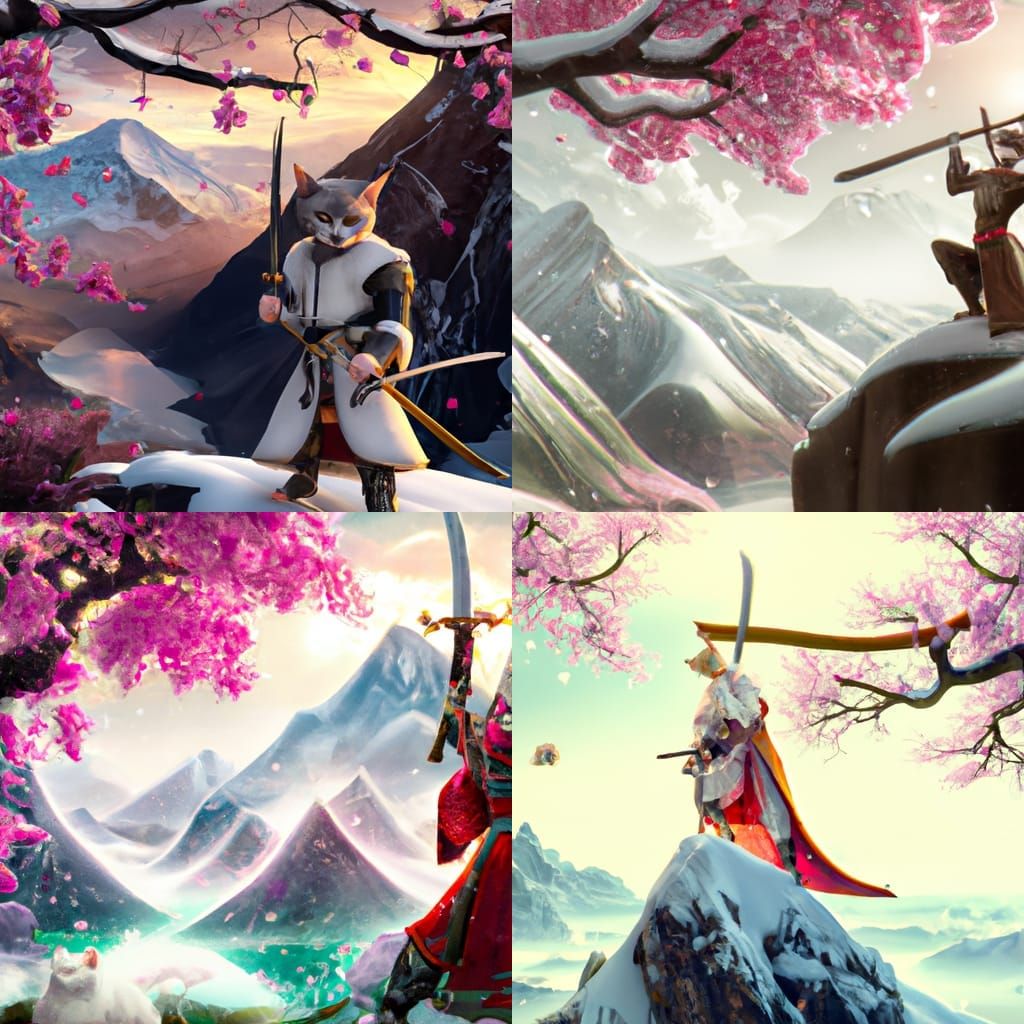 Cat Warrior in Snowy Mountains: A Digital Painting