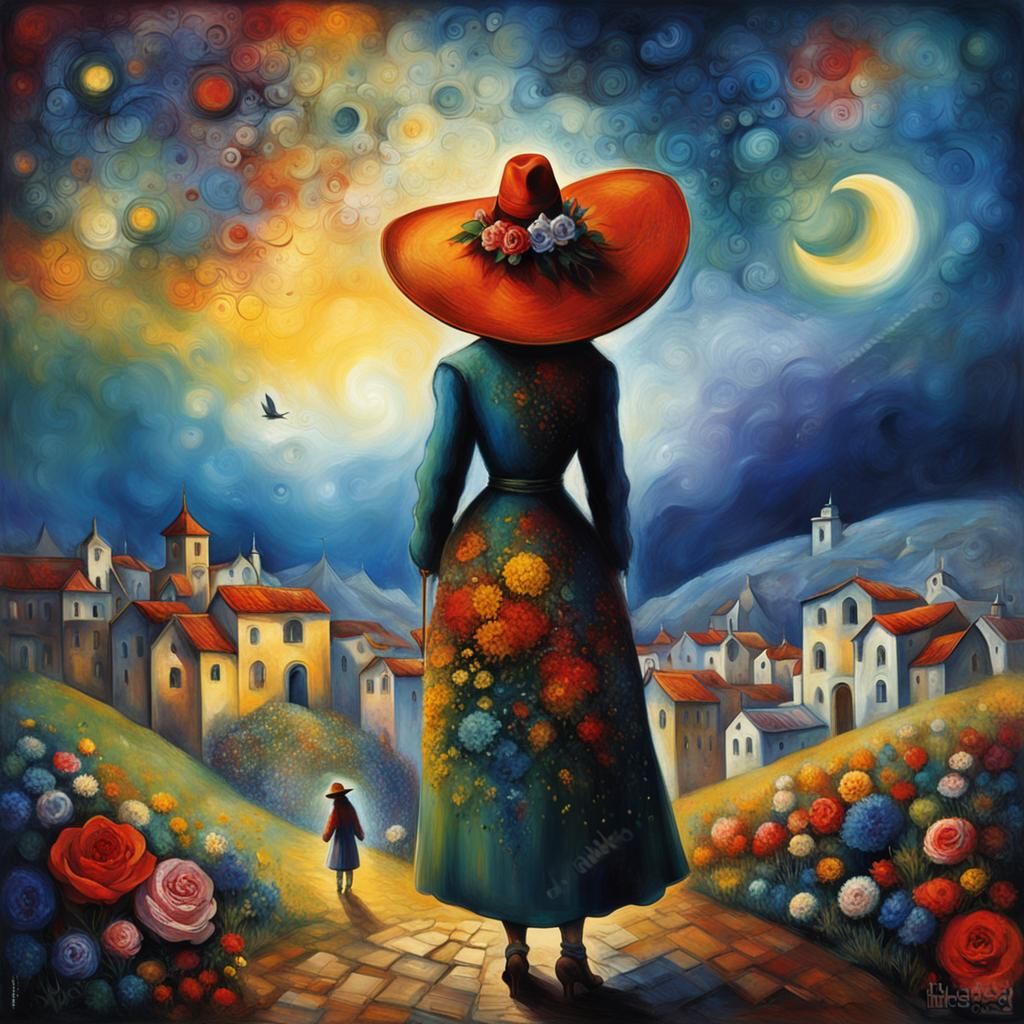 Woman with Hat in Chagall-esque Fantasy Art