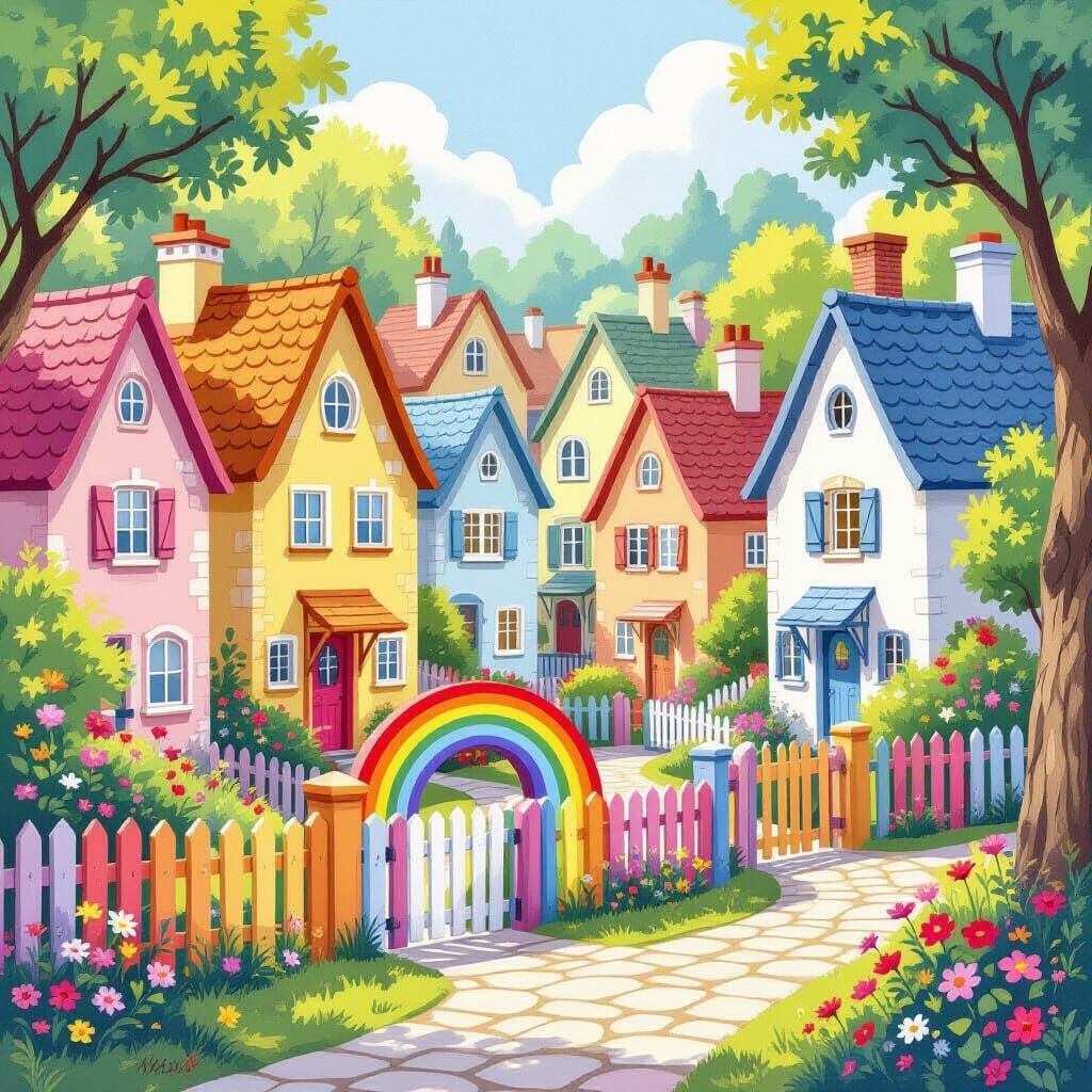 Whimsical Village With Rainbow Fences