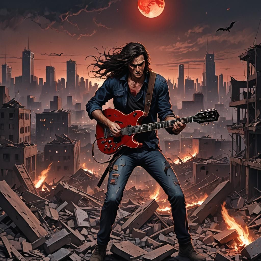 Ash Williams Death Metal Concert in Ruined City