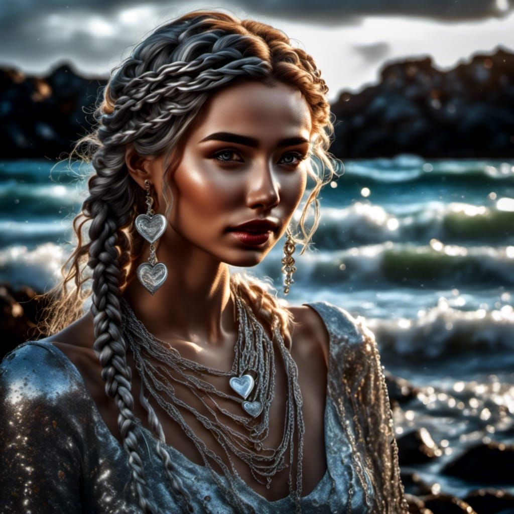Girl with Silver Heart, Hyperrealistic Coastal Portrait
