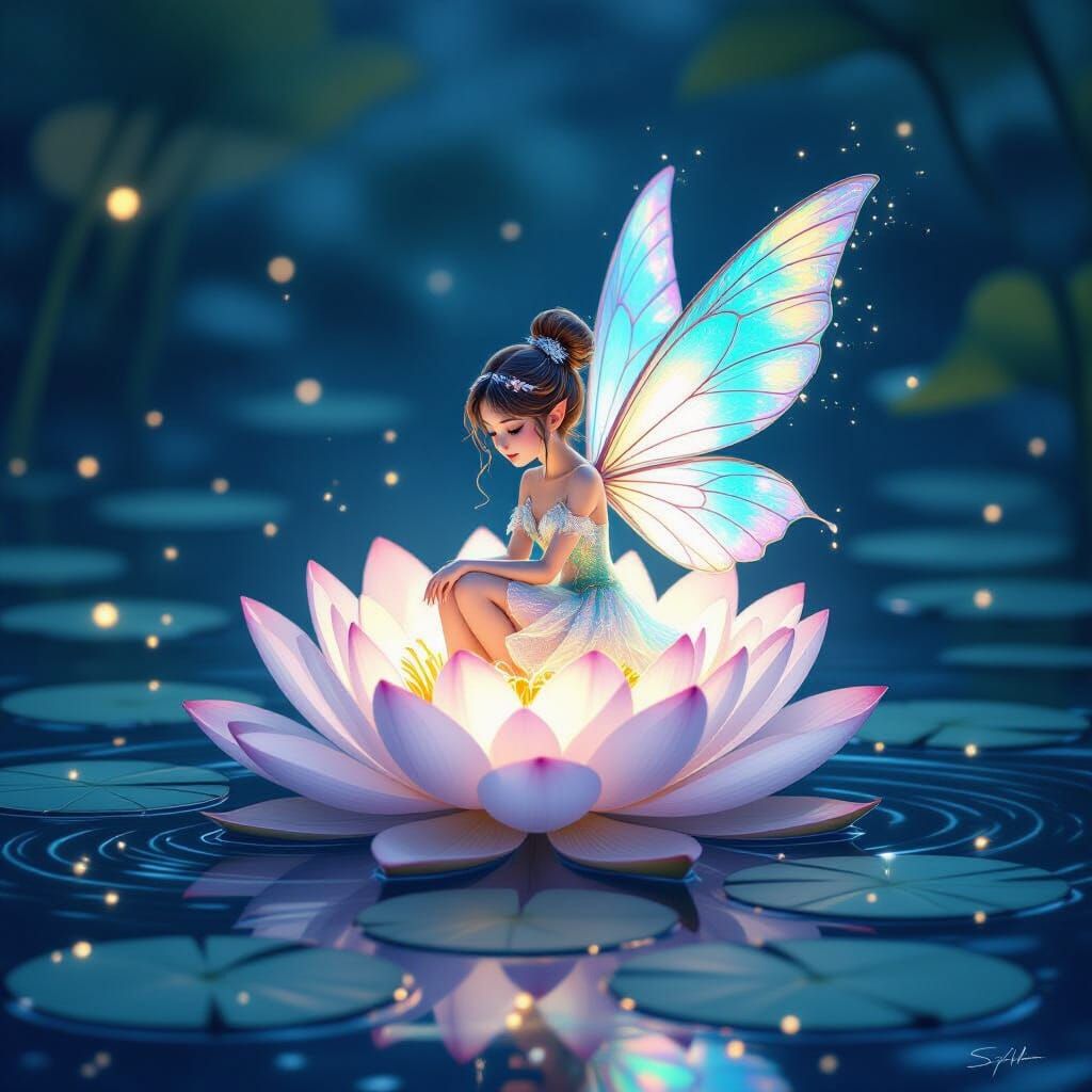 Fairy on Lotus in Dreamy Digital Art Style