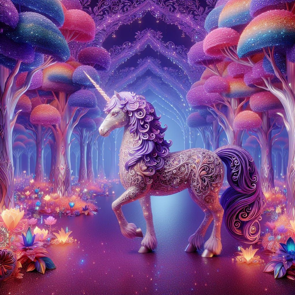 A 3D illustration of a gorgeous unicorn, adorned with glittery filigree designs, in shades of violet. The unicorn appear...