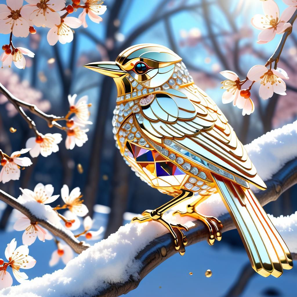 Crystal Bird with Gold Etchings on Cherry Branch