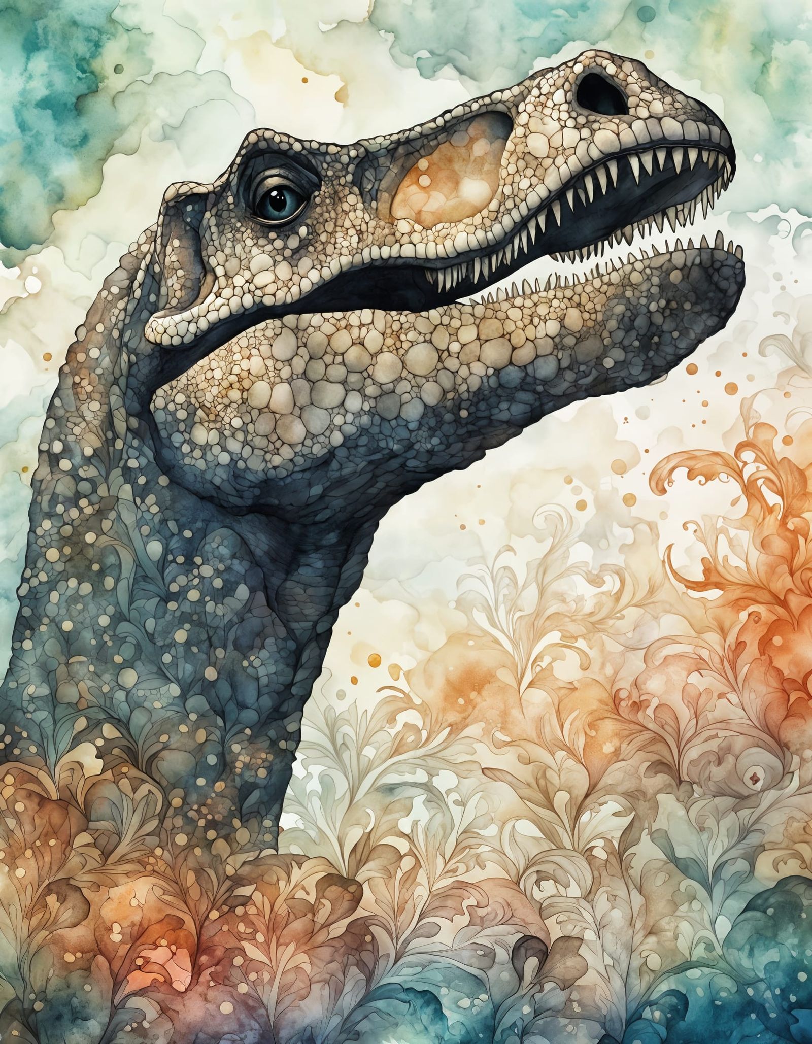 Elegant Diplodocus Head in Whimsical Watercolor Style
