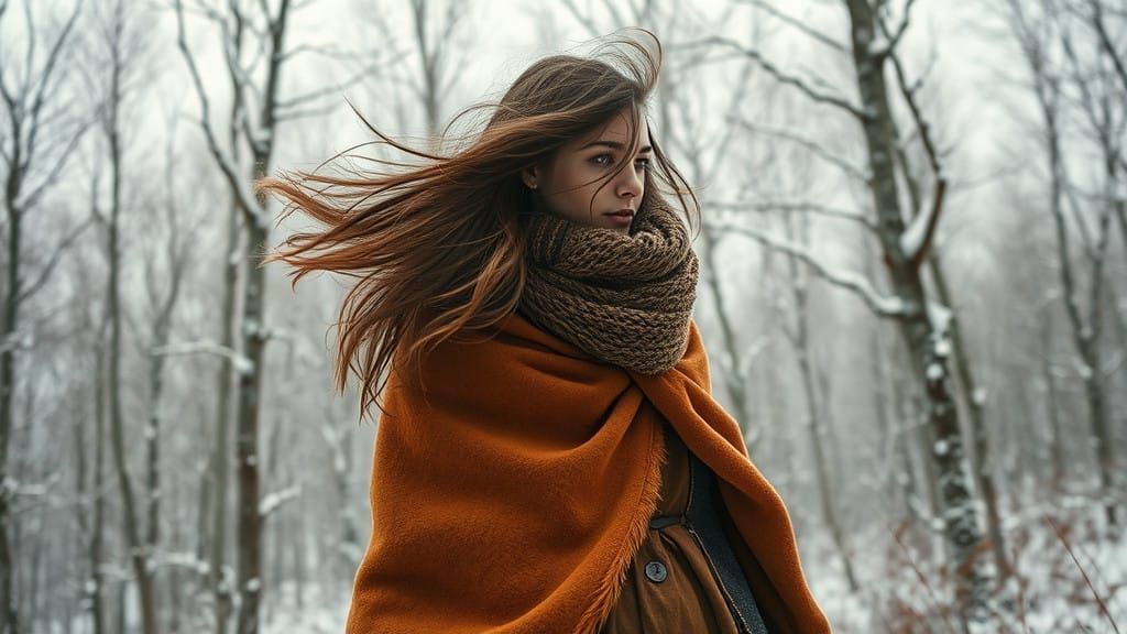 Woman Embracing Ethereal Winter Landscape in Earthy Cloak