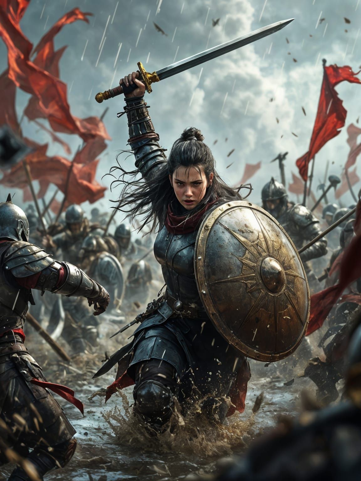 Shieldmaiden Charges Through Rainy Battlefield