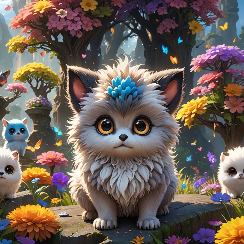 Rainbow Realm: Adorable Fluffy Creature in 3D Anime Art