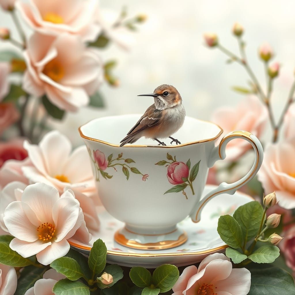 Whimsical Hummingbird in Antique Tea Cup