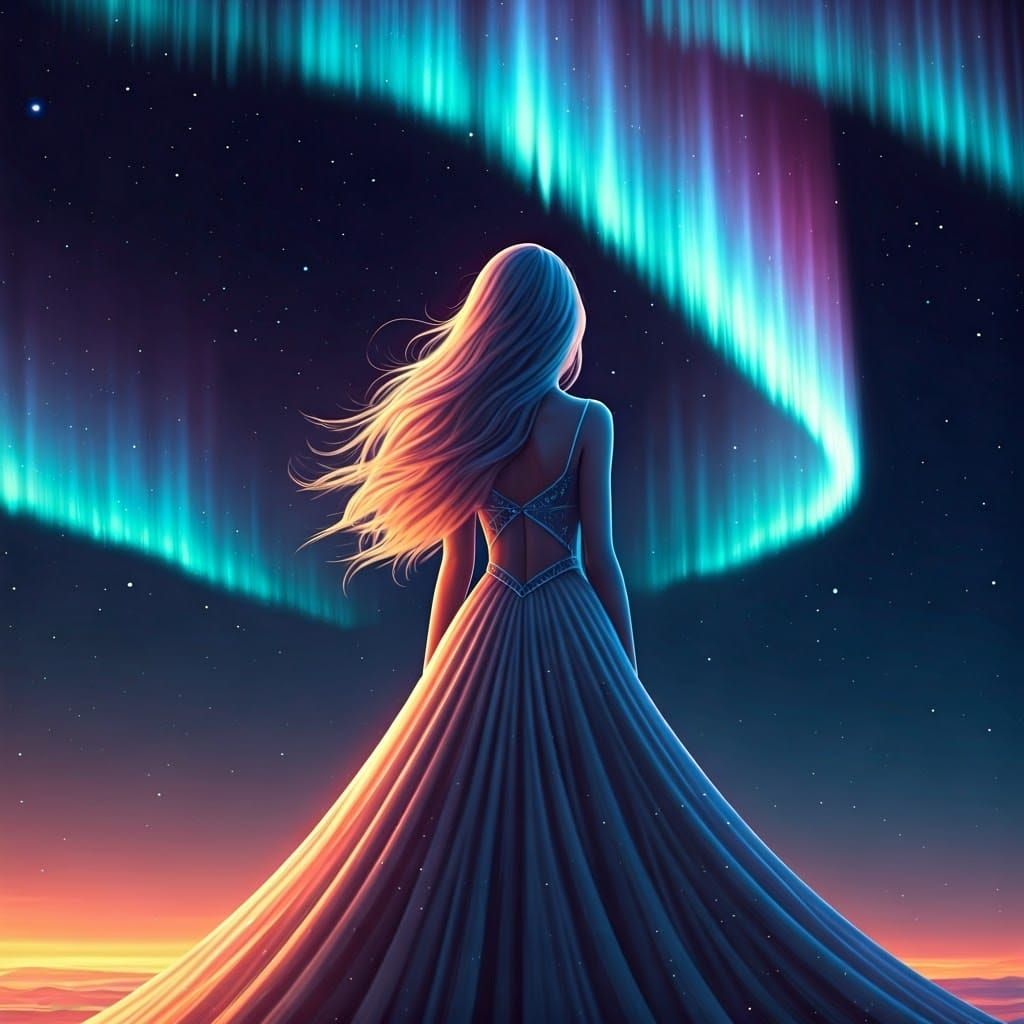 Dreamy Woman Contemplates Aurora in a Sci-Fi Landscape