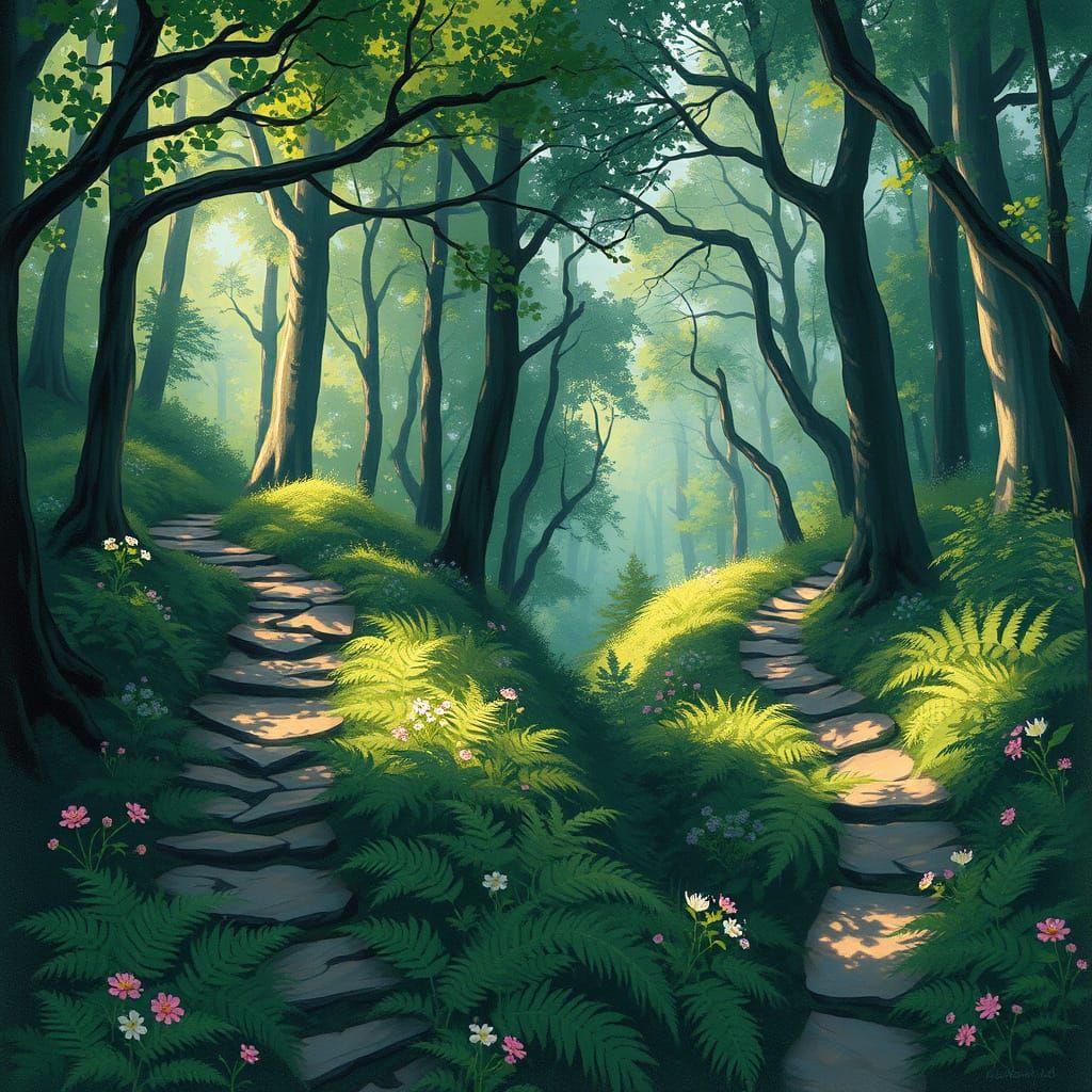 Winding Trails in a Lush Impressionist Forest
