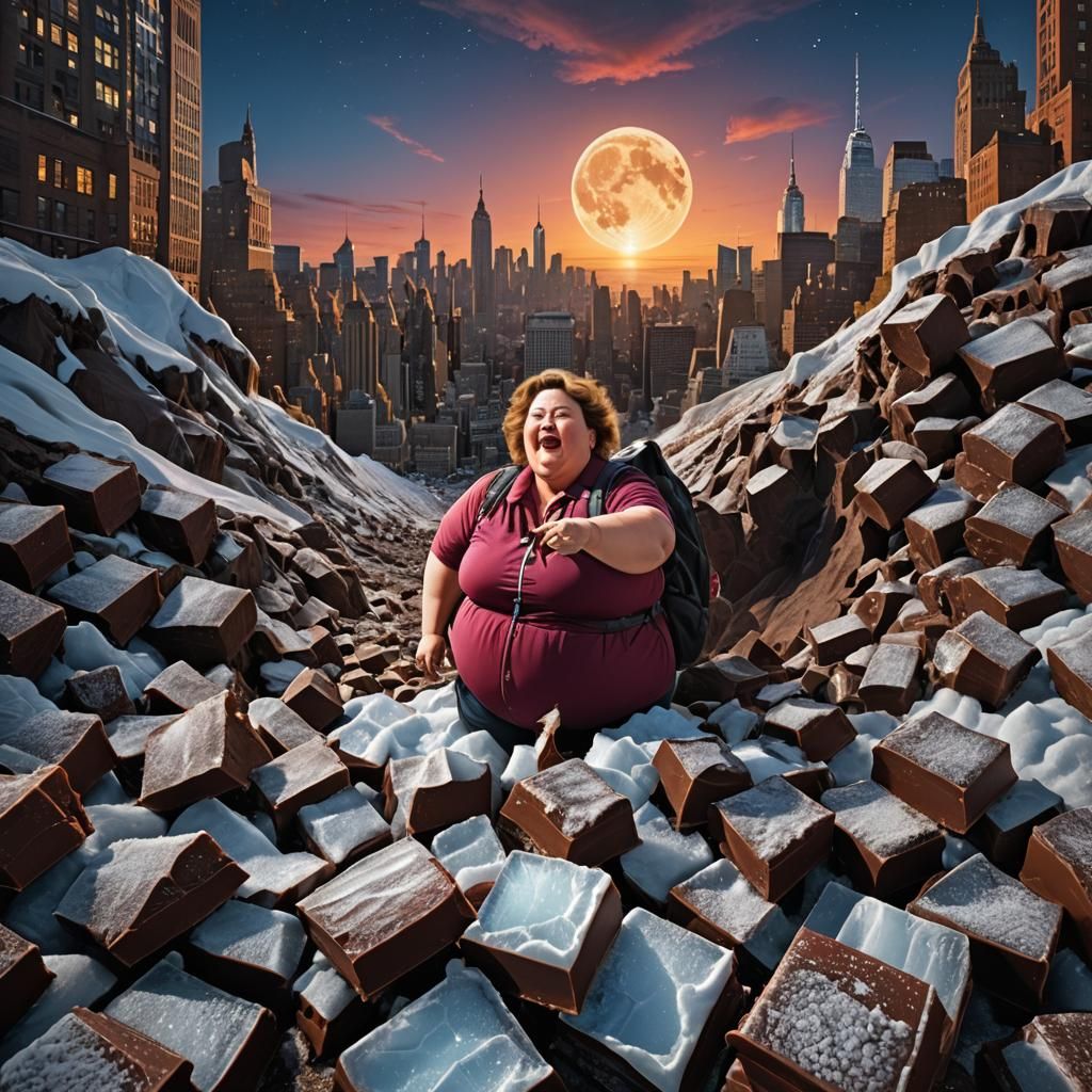 Woman and Chocolate Glacier at Moonrise, Hyperrealistic