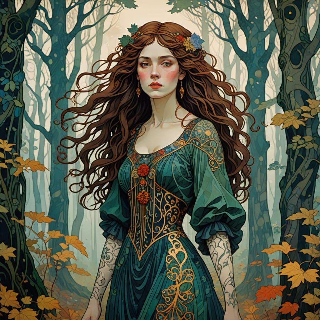 Art Nouveau Woman in Misty Forest