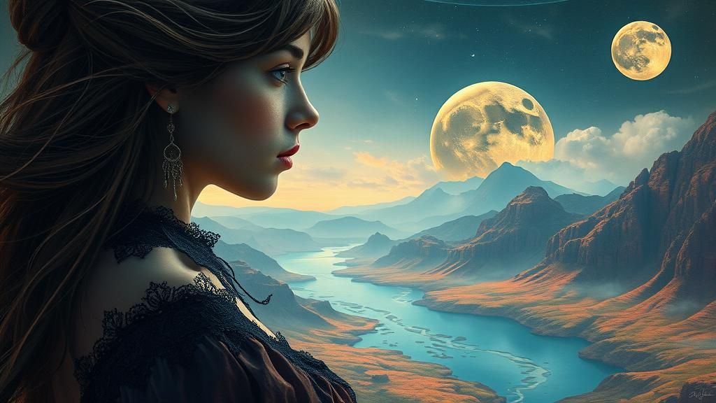 Ethereal Portrait: Woman in Alien Landscape Double Exposure