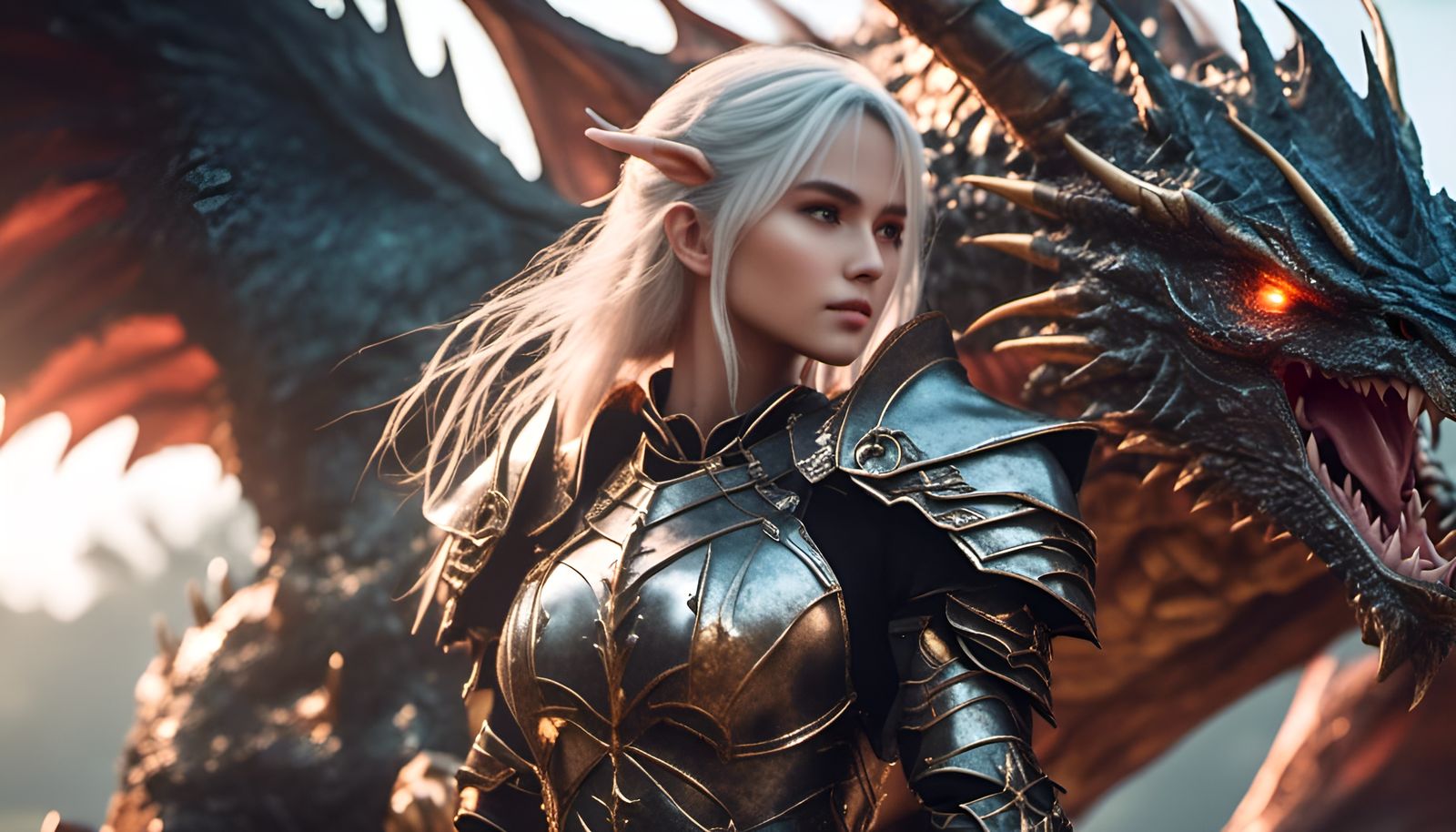 Elf Knight Fighting Dragon in HDR