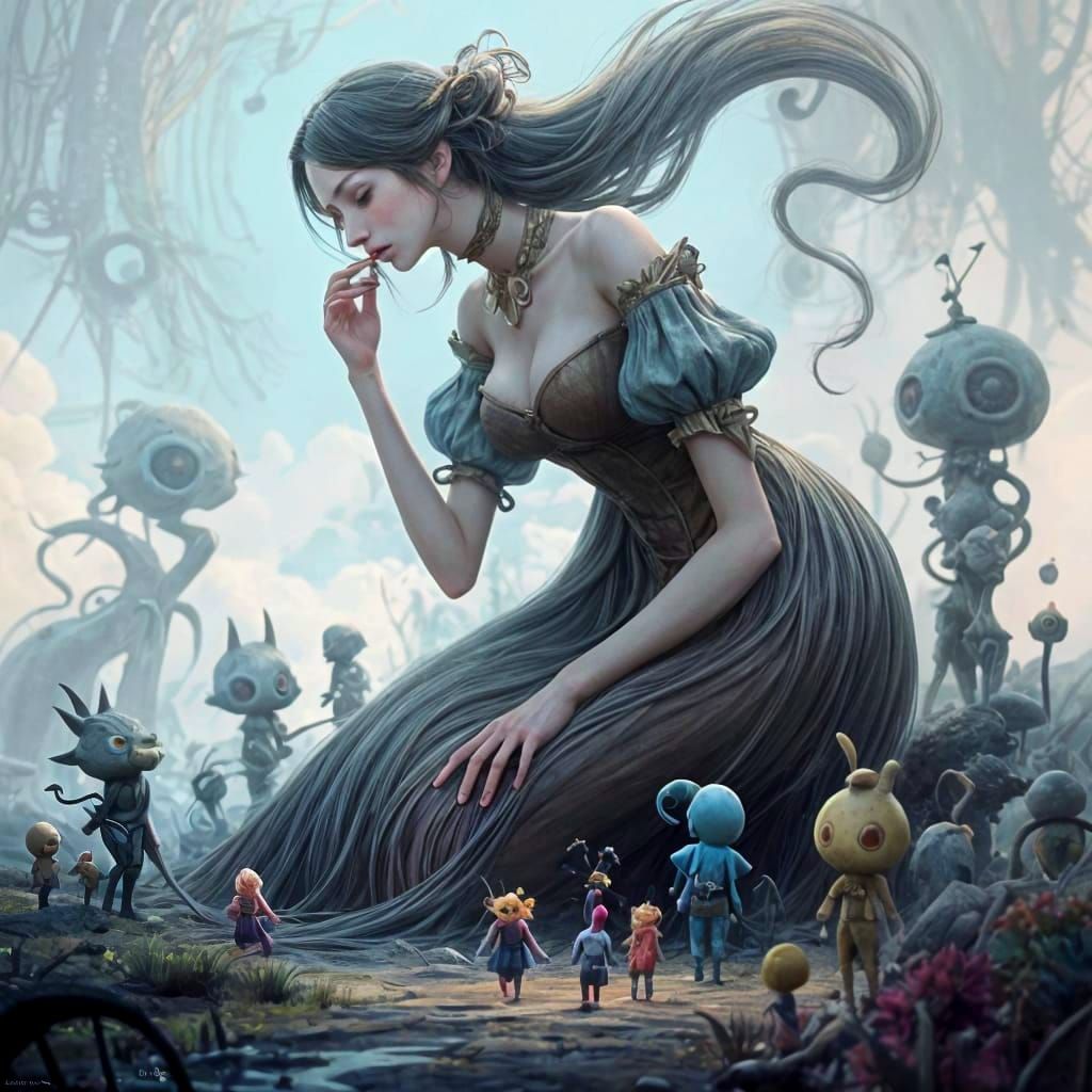 Surreal Whimsical Painting of a Goddess with Fantasy Charact...