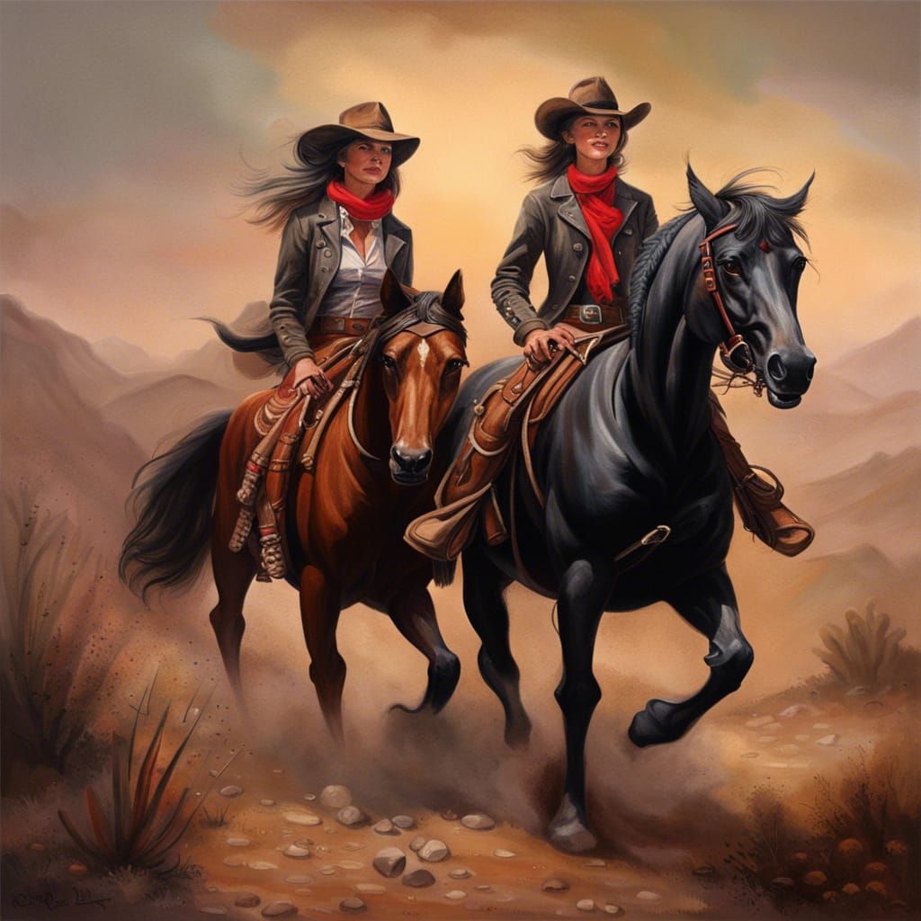 Cowboy and Cowgirl Ride Across Desert, Oil Painting