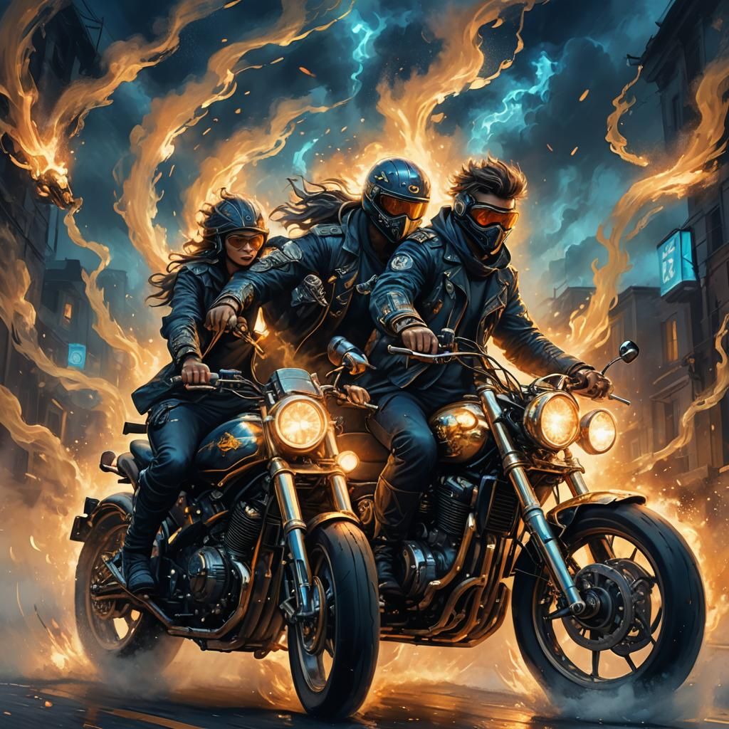 Bishon Frises Ride Motorbike in Fantastical Digital Art
