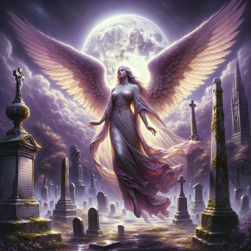 Radiant Angel in Graveyard, Oil Painting in Classical Realis...