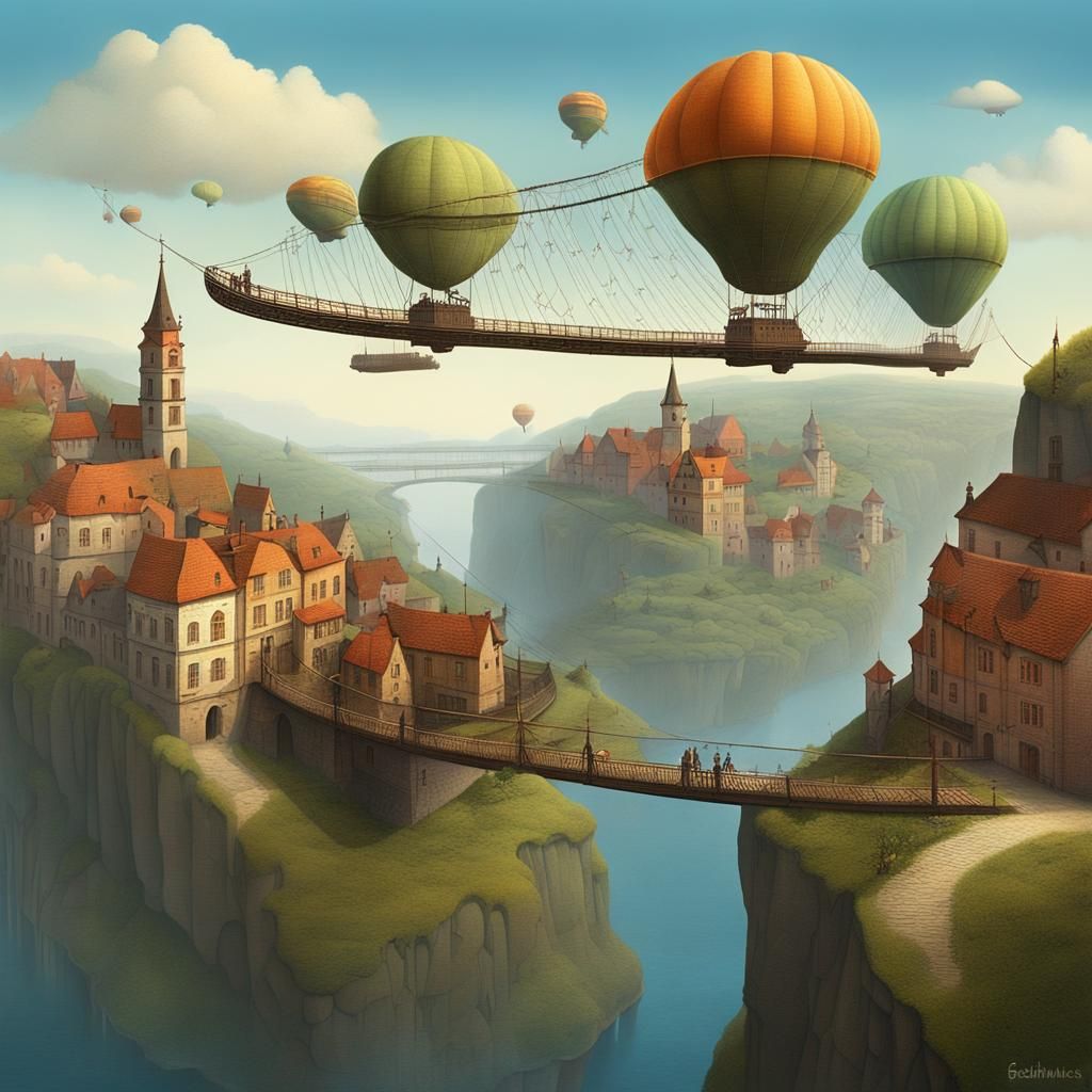 Surreal Cliffside Town with Blimps, Digital Art