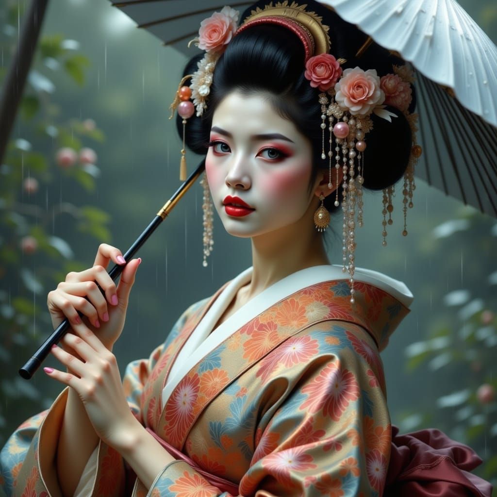 Geisha with Sapphire Eyes in Rococo Pre-Raphaelite Style