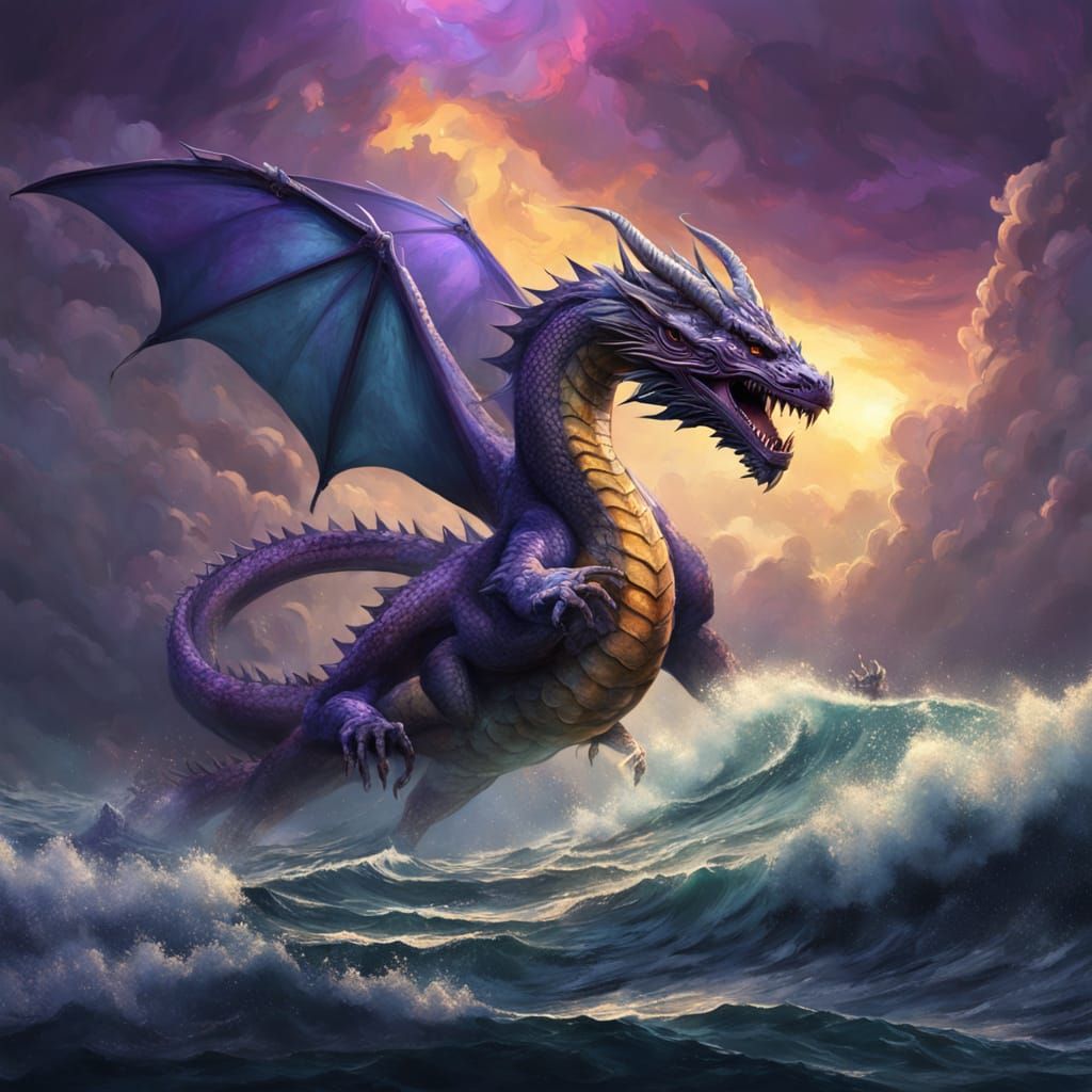 Rainbow Dragon Soars Over Stormy Sea in Dark Fantasy Style