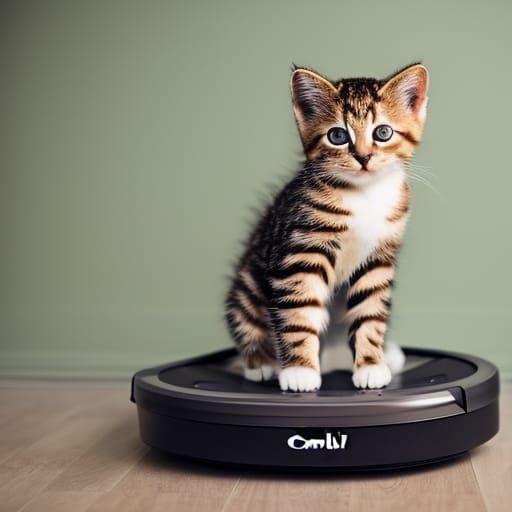 Cute Kitten Rides a Roomba: Professional Photography