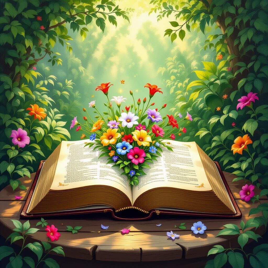 Magical Spring Scene Emerging from an Open Book