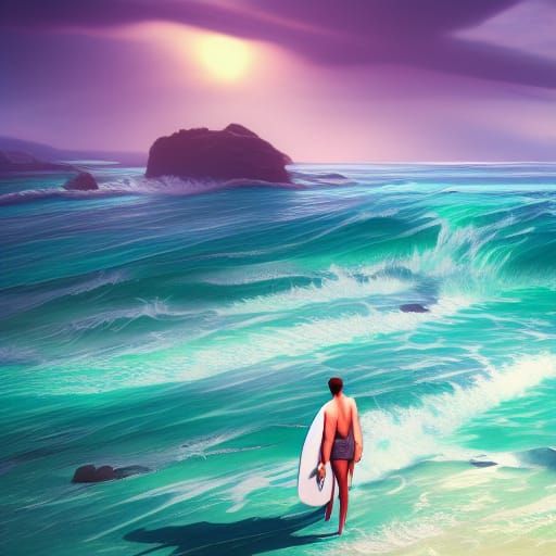 Surfer on Ocean Wave: Detailed Matte Painting
