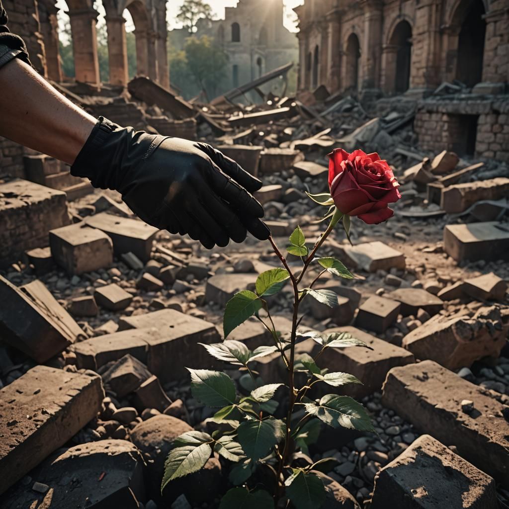 Single Rose in Ruins: A Cinematic Film Still