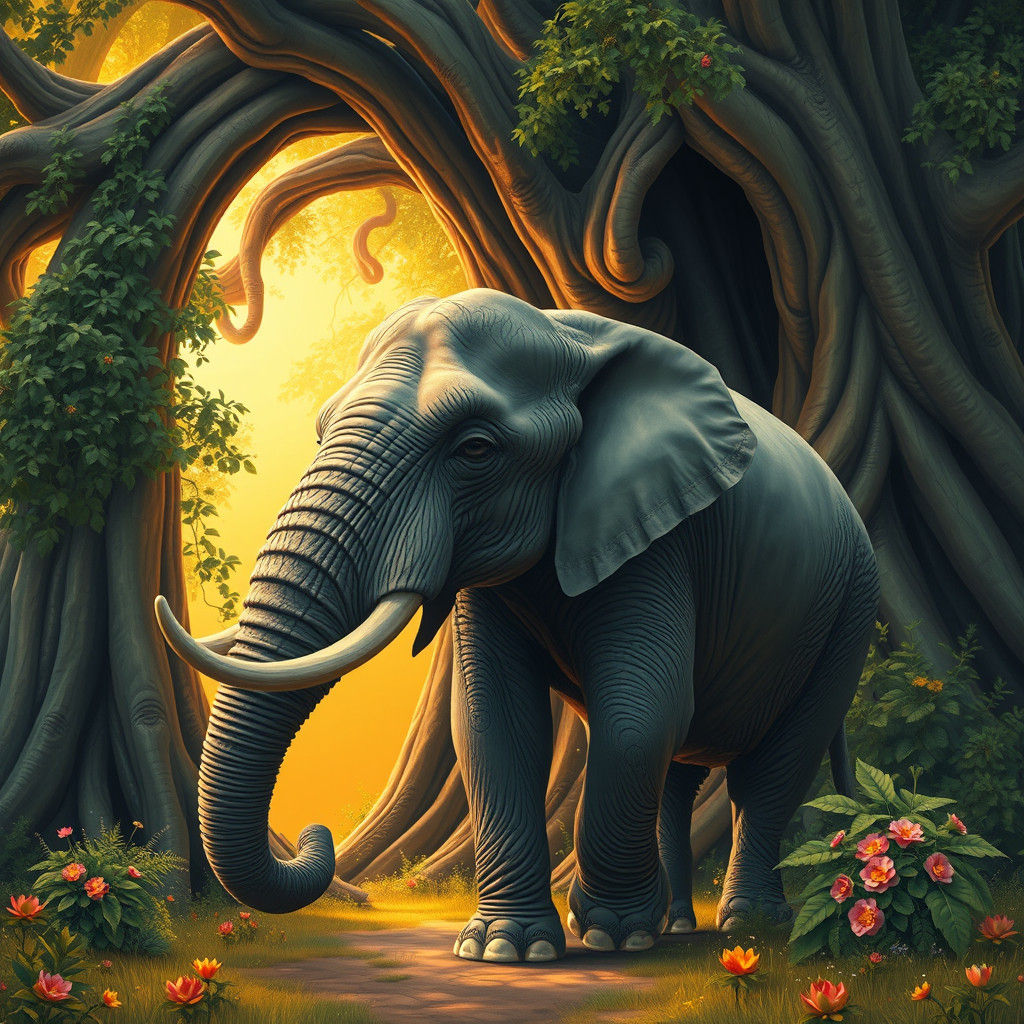 Majestic Elephant at Ancient Tree, Surreal Digital Art