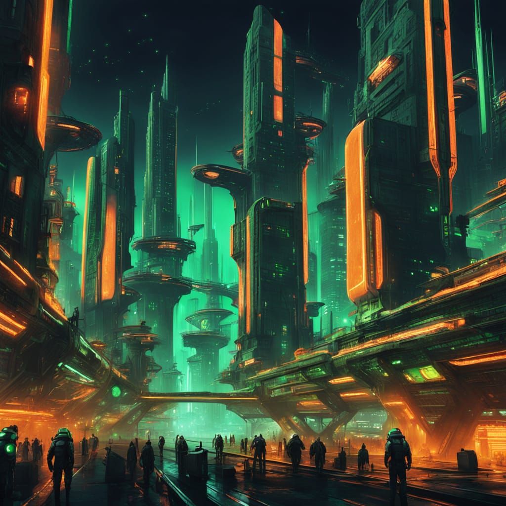 Neon Green and Orange Futuristic Cityscape