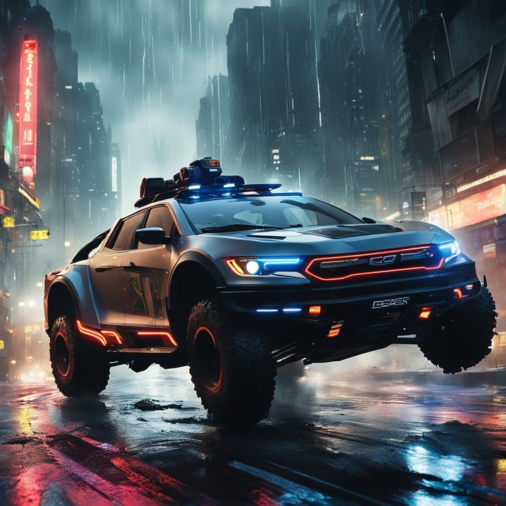 High-Tech Policar Speeds Through Rainy Cityscape in Neon-Lit...