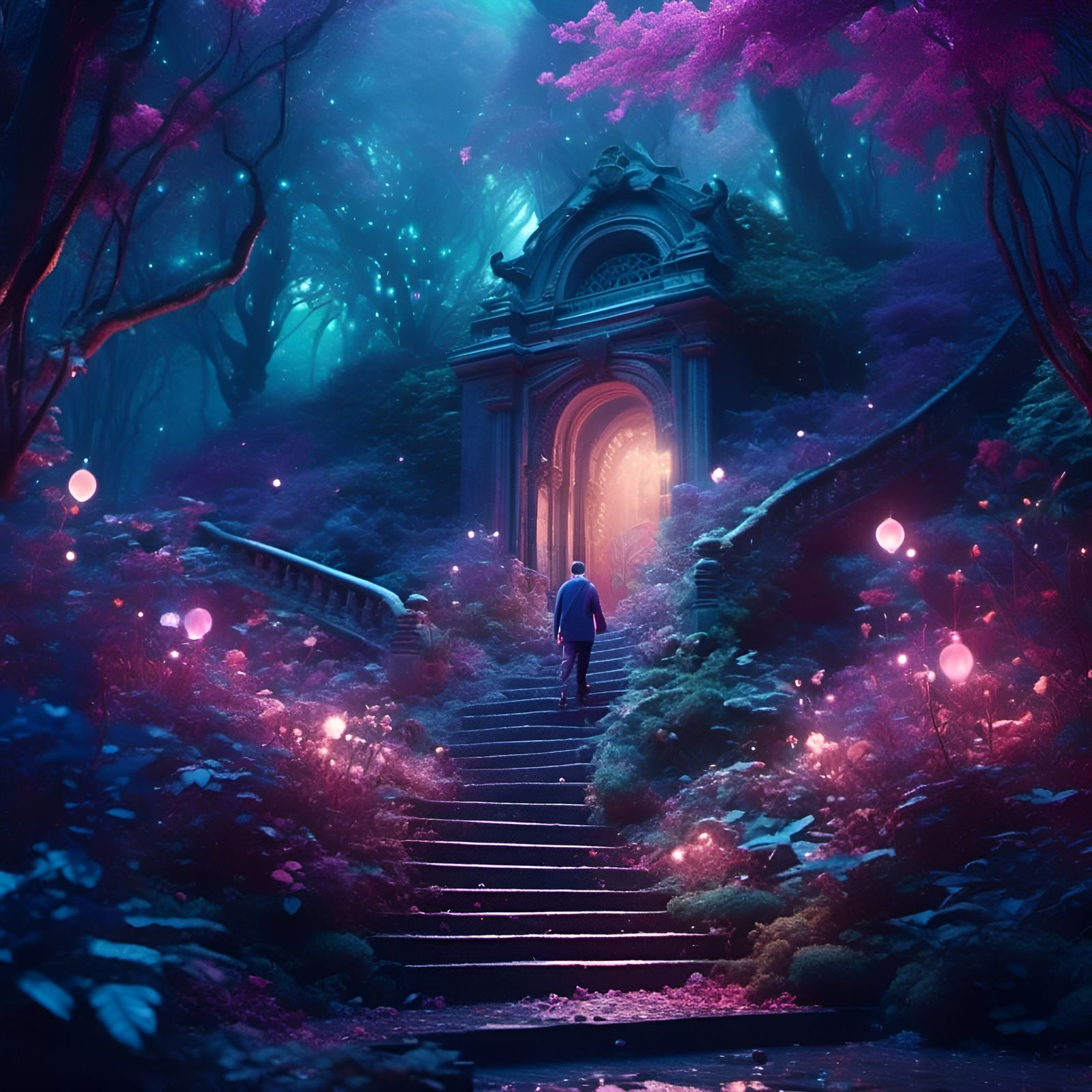 Magical Forest: Man Climbing Stairs to Doorway