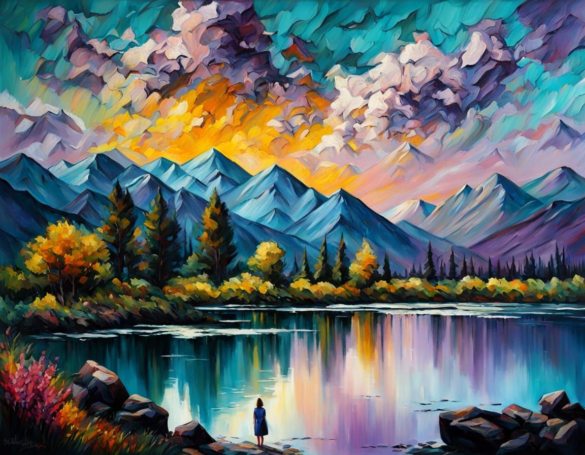 Turquoise Lake Scene in Neo Impressionist Style